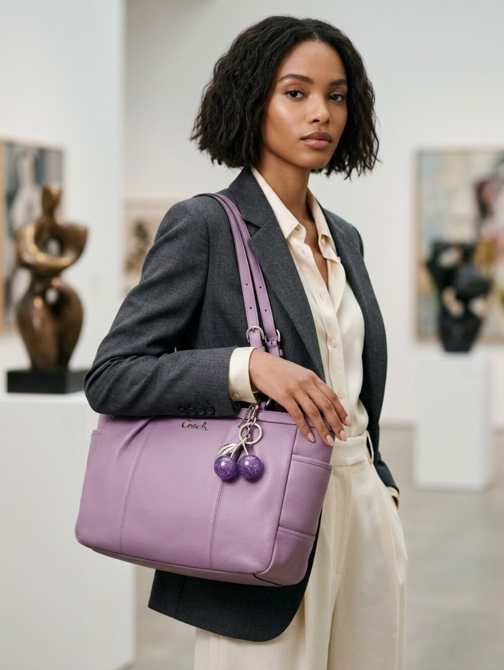 Coach Vintage Purple Leather Tote with Matching Wristlet and Charm